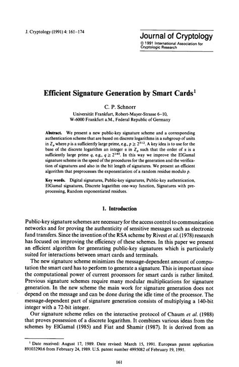 efficient signature generation by smart cards|Efficient signature generation by smart cards.